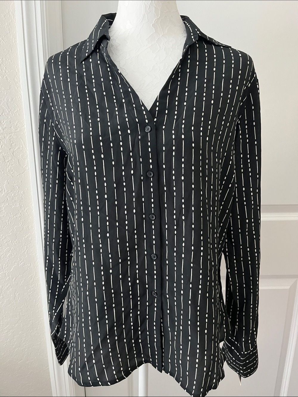 Merona Black Silk Button-Up Blouse with White Dash Dot Print VTG NWT SZ L